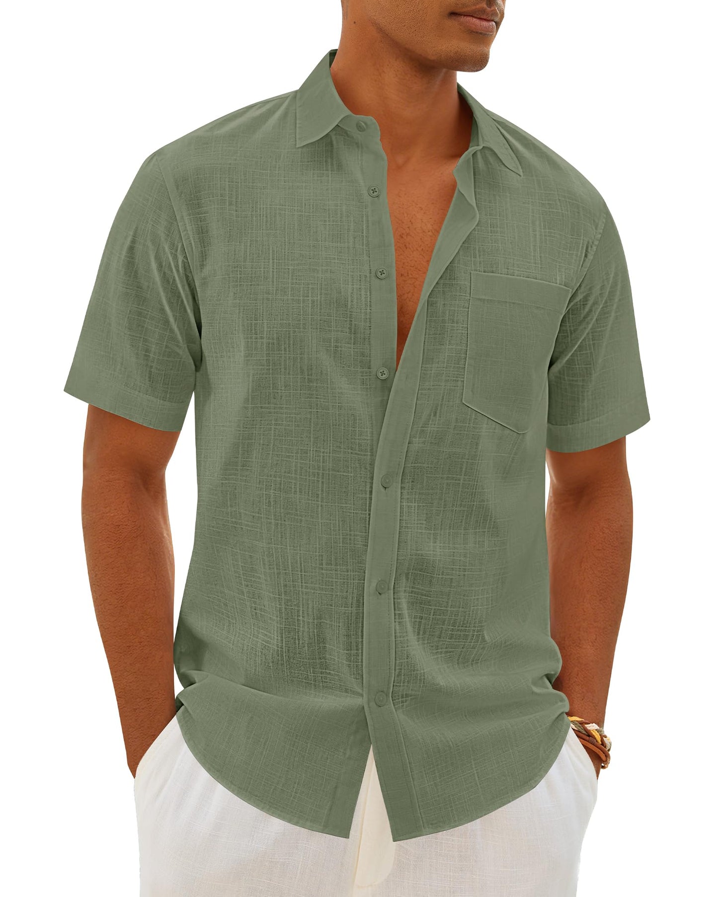 HOTMens Linen Textured Shirt Cotton Short Sleeve Summer Button Down Shirts | 100% Cotton, Linen-look Texture, Casual Wear, Breathable Feel, Lightweight, Untucked, Regular Fit, Beach, Vacation, Resort