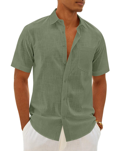 HOTMens Linen Textured Shirt Cotton Short Sleeve Summer Button Down Shirts | 100% Cotton, Linen-look Texture, Casual Wear, Breathable Feel, Lightweight, Untucked, Regular Fit, Beach, Vacation, Resort