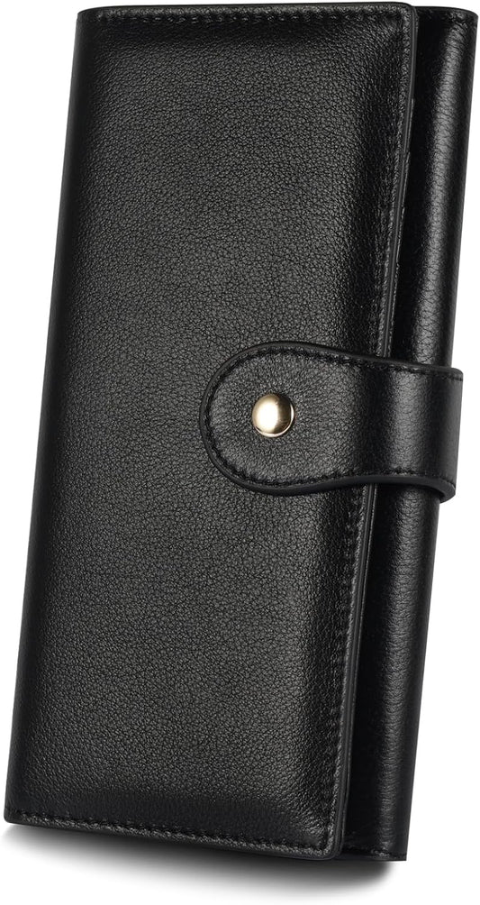 HOTProfessional RFID Blocking Wallet for Women - Genuine Leather Work Purse with Phone Pocket, Large Capacity Organizer for Credit Cards, ID, Cash & Office Essentials (Black)