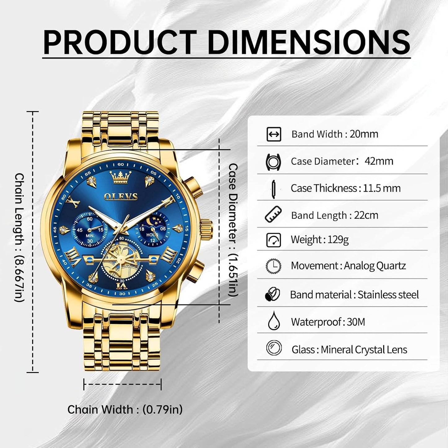 HOTOLEVS Watches Men Stainless Steel Chronograph Watch Luxury Big Face Man Dress Watches Waterproof Roman Numeral Analog Quartz Men Wrist Watch Diamond Relojes para Hombre(Silver/Black/Gold/Red/Blue)