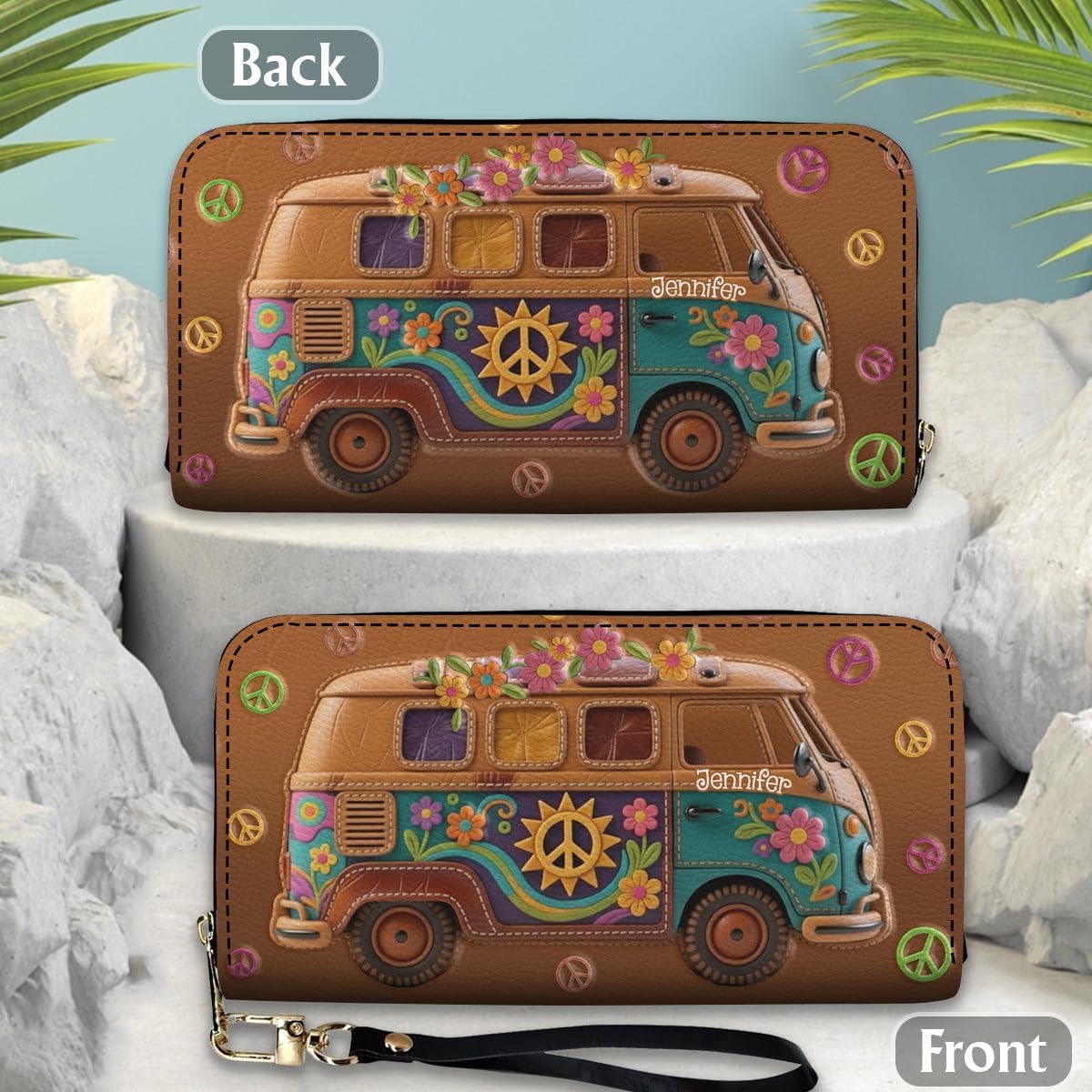HOTFloral Hippie Van - Personalized Hippie Leather Long Wallet