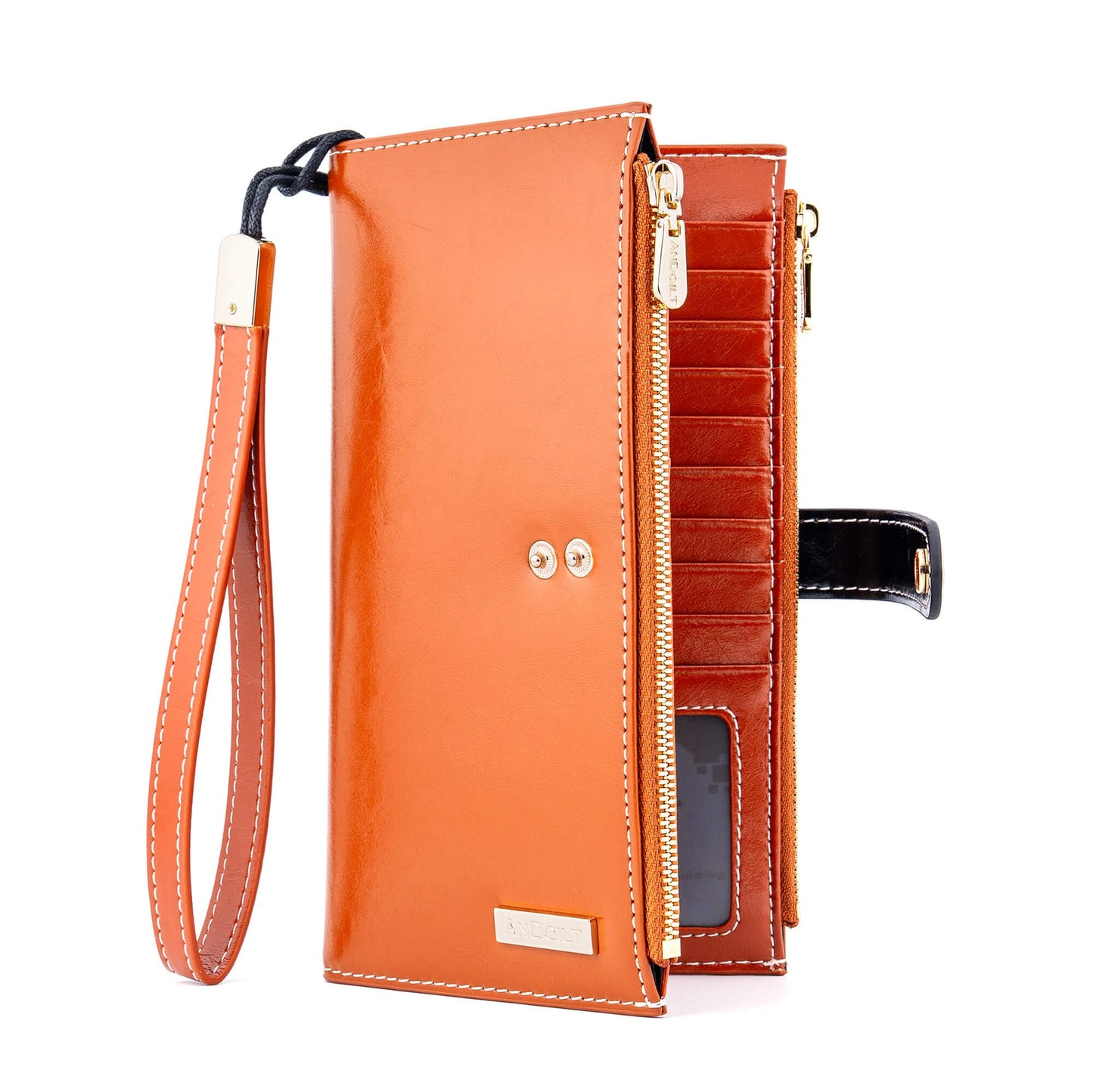 HOTANDOILT Women's Genuine Leather Wallet RFID Blocking Credit Card Holder Zipper Purse Cell Phone Handbag