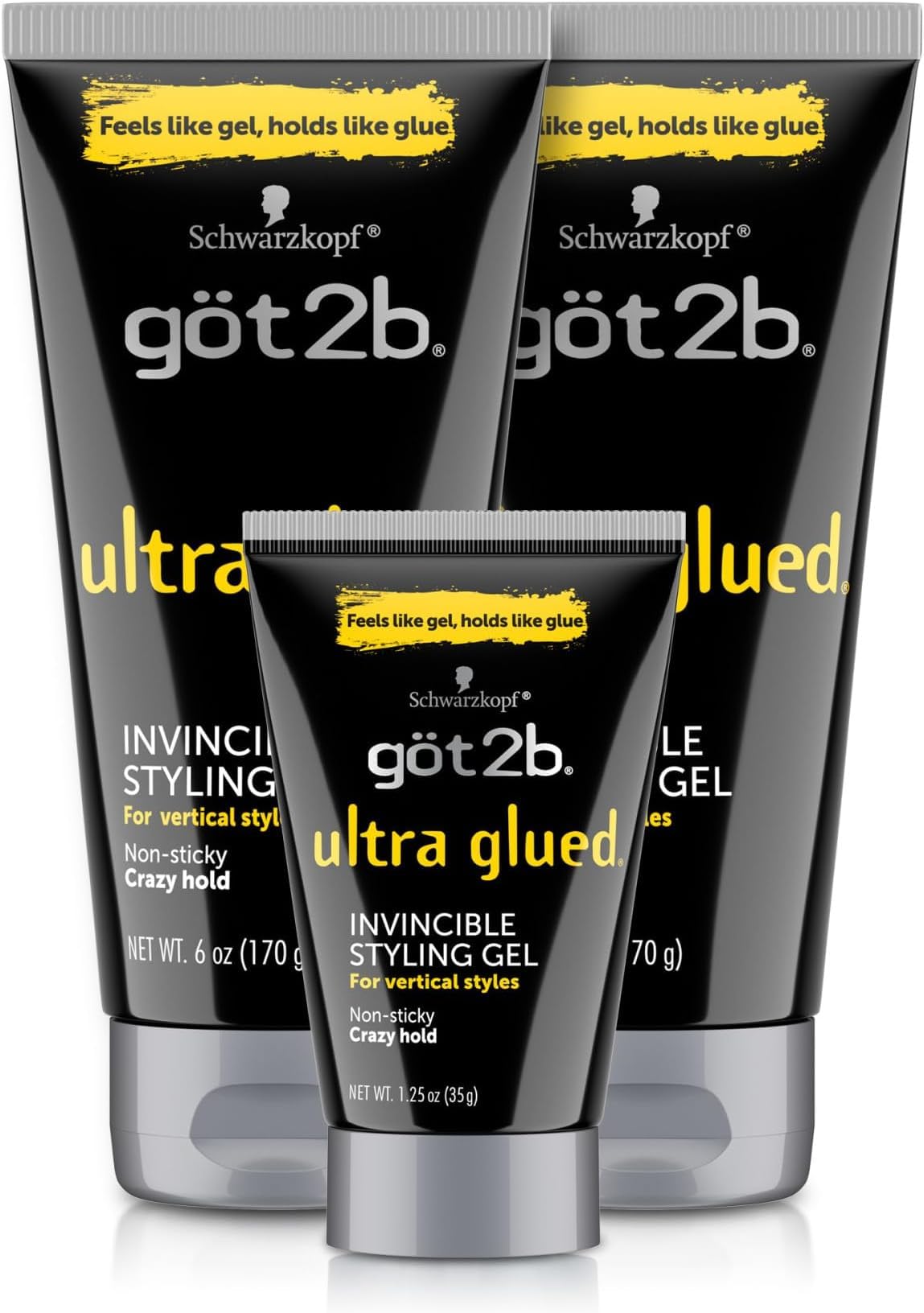 HOTgot2b Ultra Glued Invincible Styling Gel Set, 6 Fl Oz (2-Tube) + 1.25 Fl Oz Travel Size, Hair Gel for Men and Women with Extra Strong Hold, Non-Sticky, No-Flake Formula for Vertical Styles