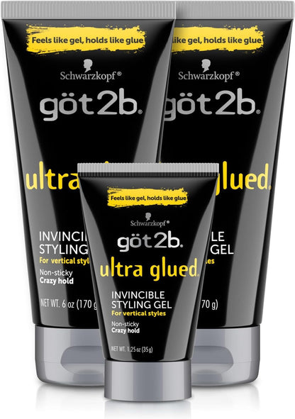 HOTgot2b Ultra Glued Invincible Styling Gel Set, 6 Fl Oz (2-Tube) + 1.25 Fl Oz Travel Size, Hair Gel for Men and Women with Extra Strong Hold, Non-Sticky, No-Flake Formula for Vertical Styles
