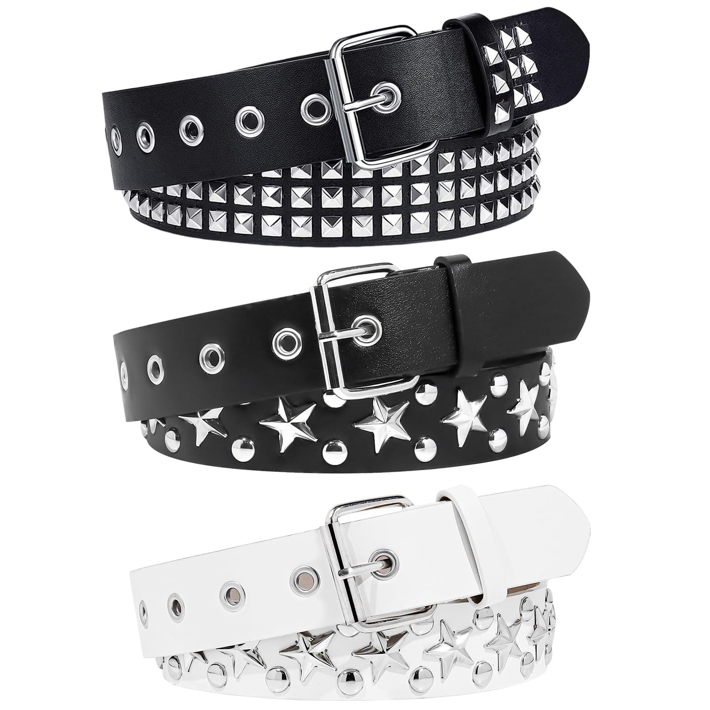 HOT3 Pcs Black Studded Belt Y2K Belt Star Gothic Punk Rock Belts with Grommet Threads Bright Metal Pyramid for Women Men