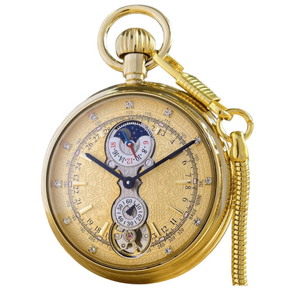 HOTVIGOROSO Men's Vintage Full Copper Hand-Wind Mechanical Second&24hours Sub-dials Pocket Watch in Box