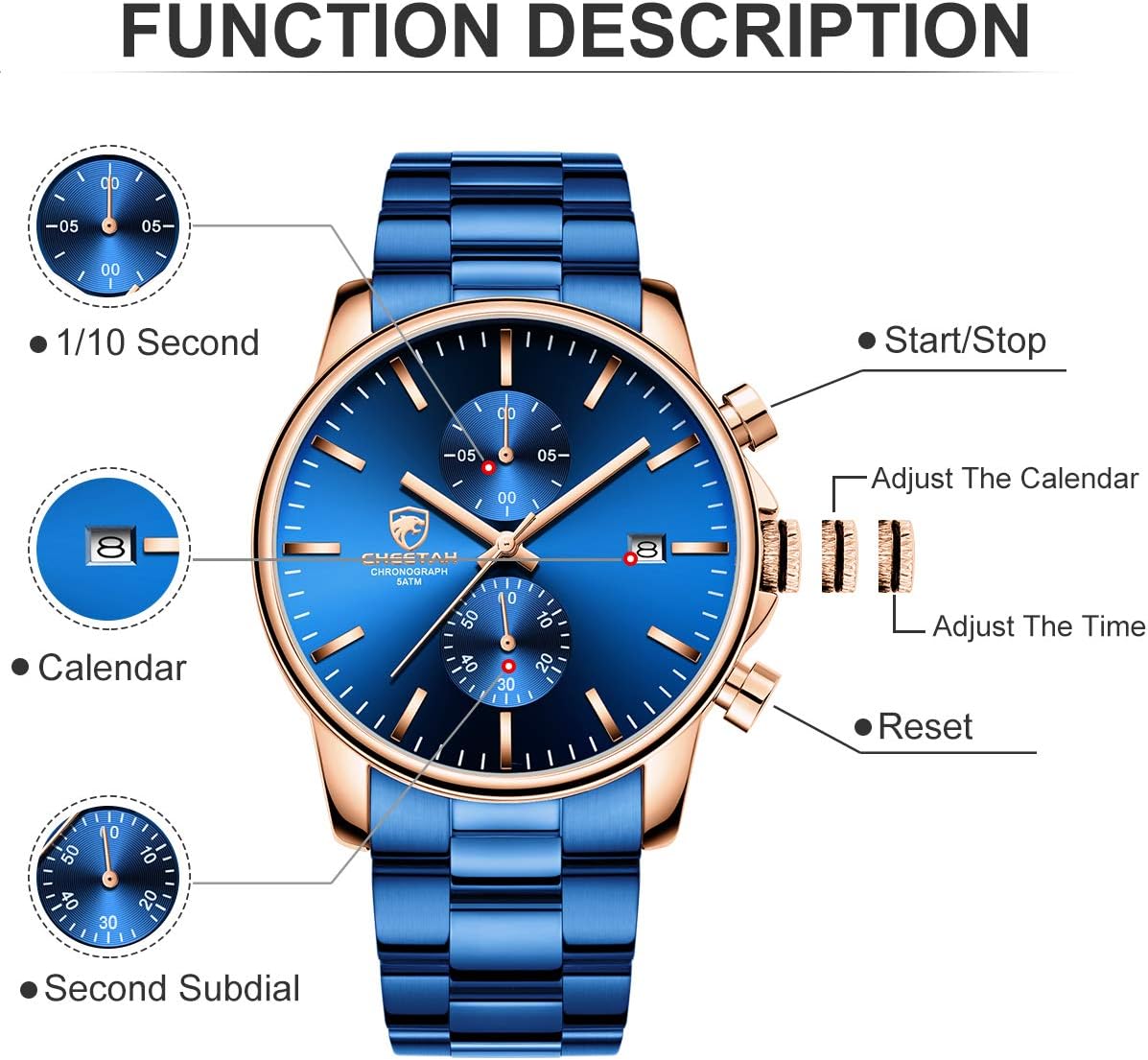 HOTGOLDEN HOUR Fashion Business Mens Watches with Stainless Steel Waterproof Chronograph Quartz Watch for Men, Auto Date