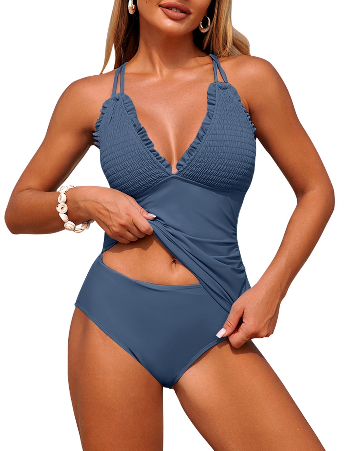 HOTZAFUL Womens Tankini Swimsuits Smocked 2 Piece Bathing Suits Modest Tie Back Swimwear