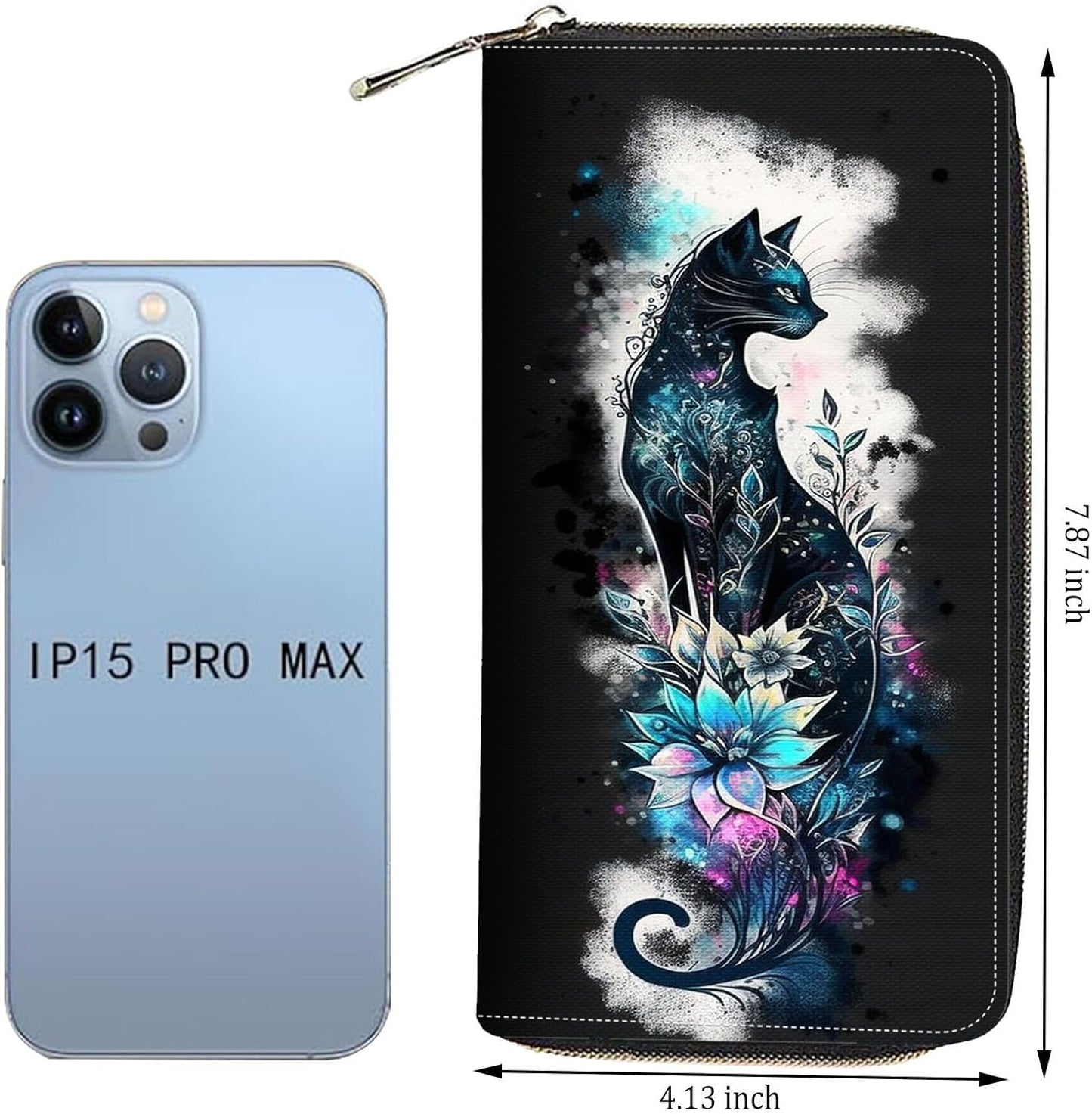 HOTWallet,Large Capacity RFID Blocking Leather Wallet, Durable Smooth Zipper Clutch,Unisex Travel Wallet for Cards,Cash,and Coins - Black Cat and Flowers