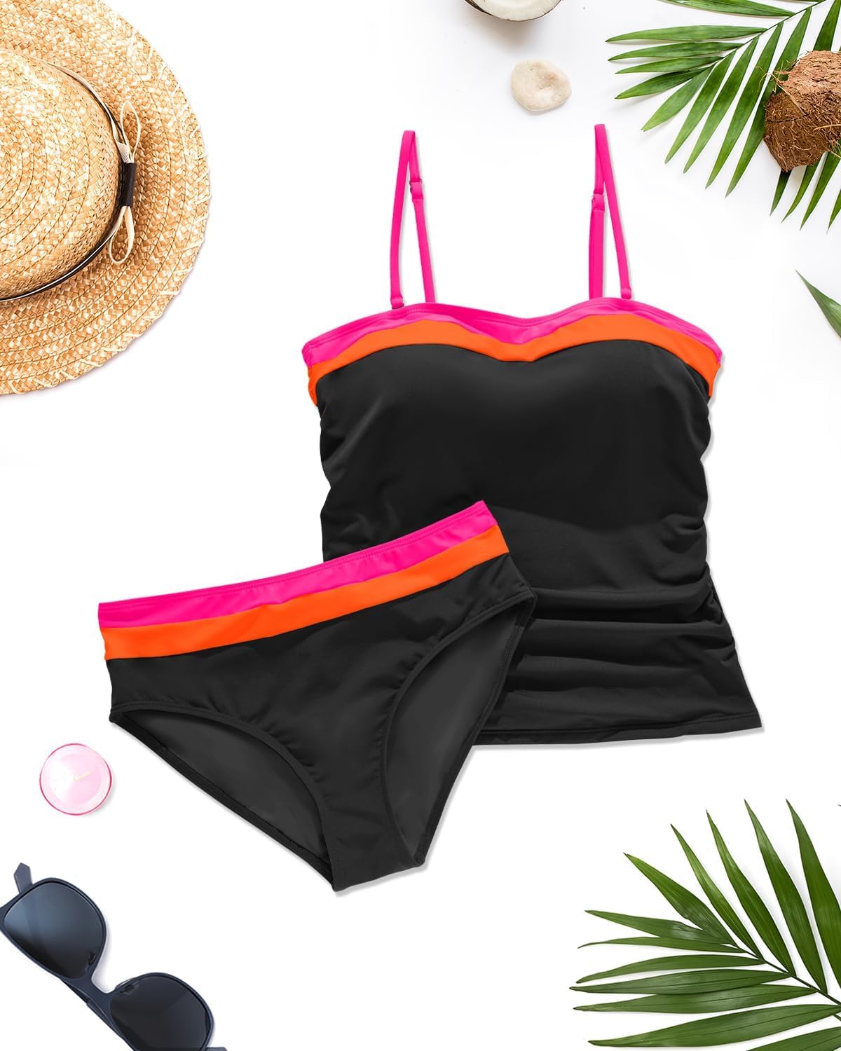 HOTDaci Women Strapless Tankini Tummy Control 2 Piece Bandeau Swimsuit | Full Coverage,Removable&Adjustable Straps,Built-in Soft Unremovable Bra,Ruched Tummy Control,Mid Waist Bottom,Fully Lined