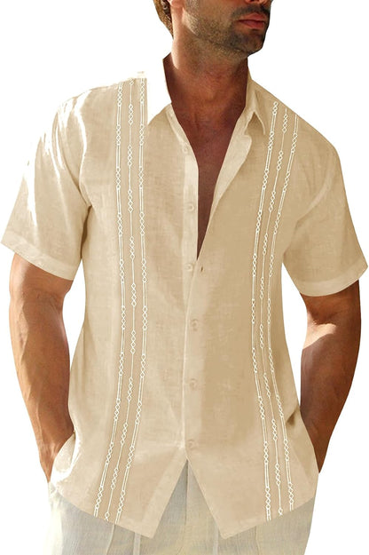 HOTRuncati Mens Short Sleeve Guayabera Shirts Linen Button Down Cuban Shirt | Cotton blend, Mexican style, Button up, Embroidered, Loose fit, Barong tagalog, Bowling shirts, for Summer Beach, Wedding