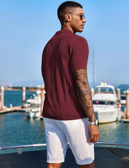 HOTCOOFANDY Men's Knit Shirts Short Sleeve Button Down Polo Shirt Fashion Casual Summer Beach Shirts