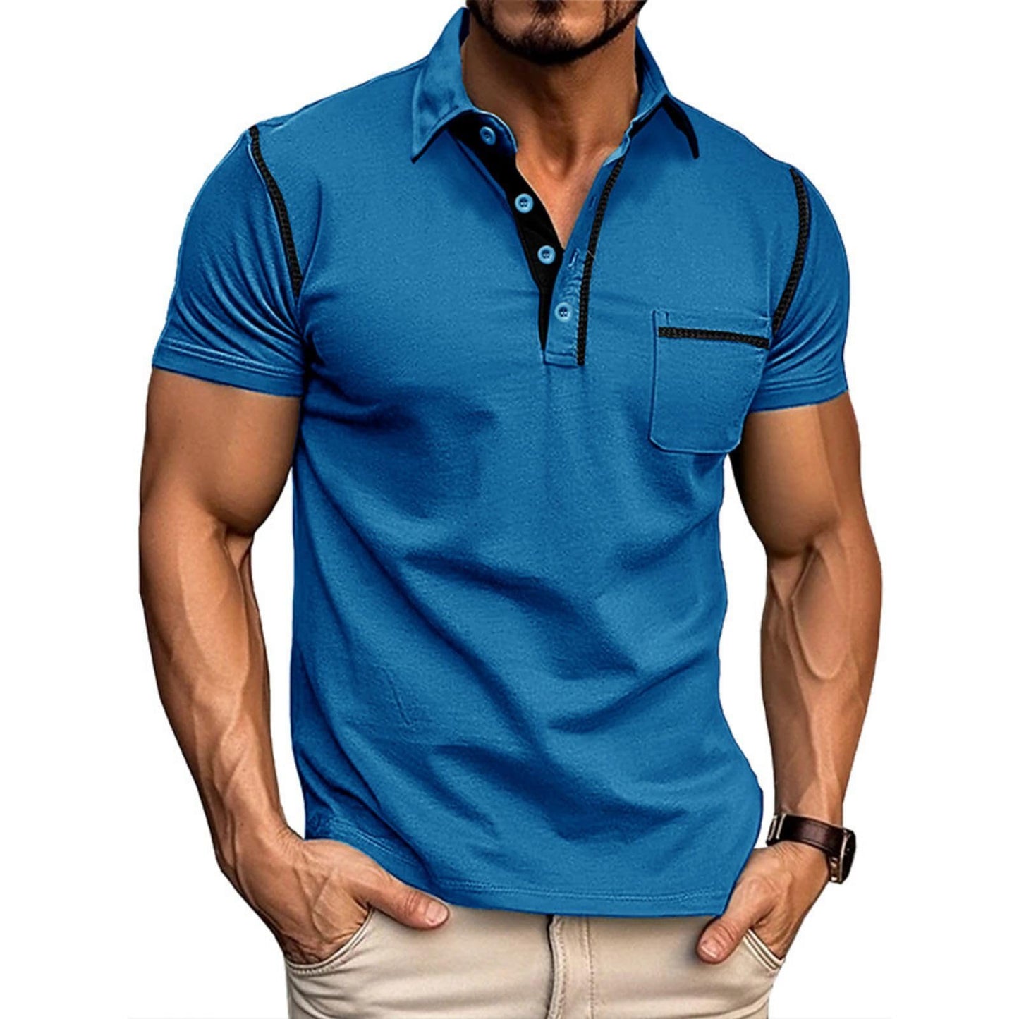 HOTMen's Fashion Polo Shirts Classic Short Sleeve Lightweight Button Cotton T-Shirt Casual Golf Tee Tops with Pocket