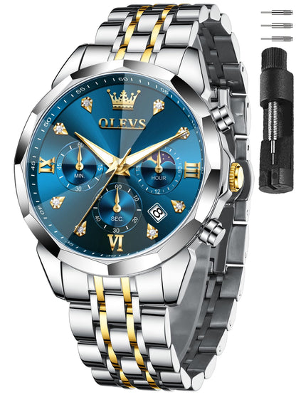 HOTOLEVS Watches for Men Stainless Steel Dress Men Watch with Date Big Face Chronograph Waterproof Luxury Fashion Watch Blue/Black/Gold/Green/Silver Face Relojes para Hombres