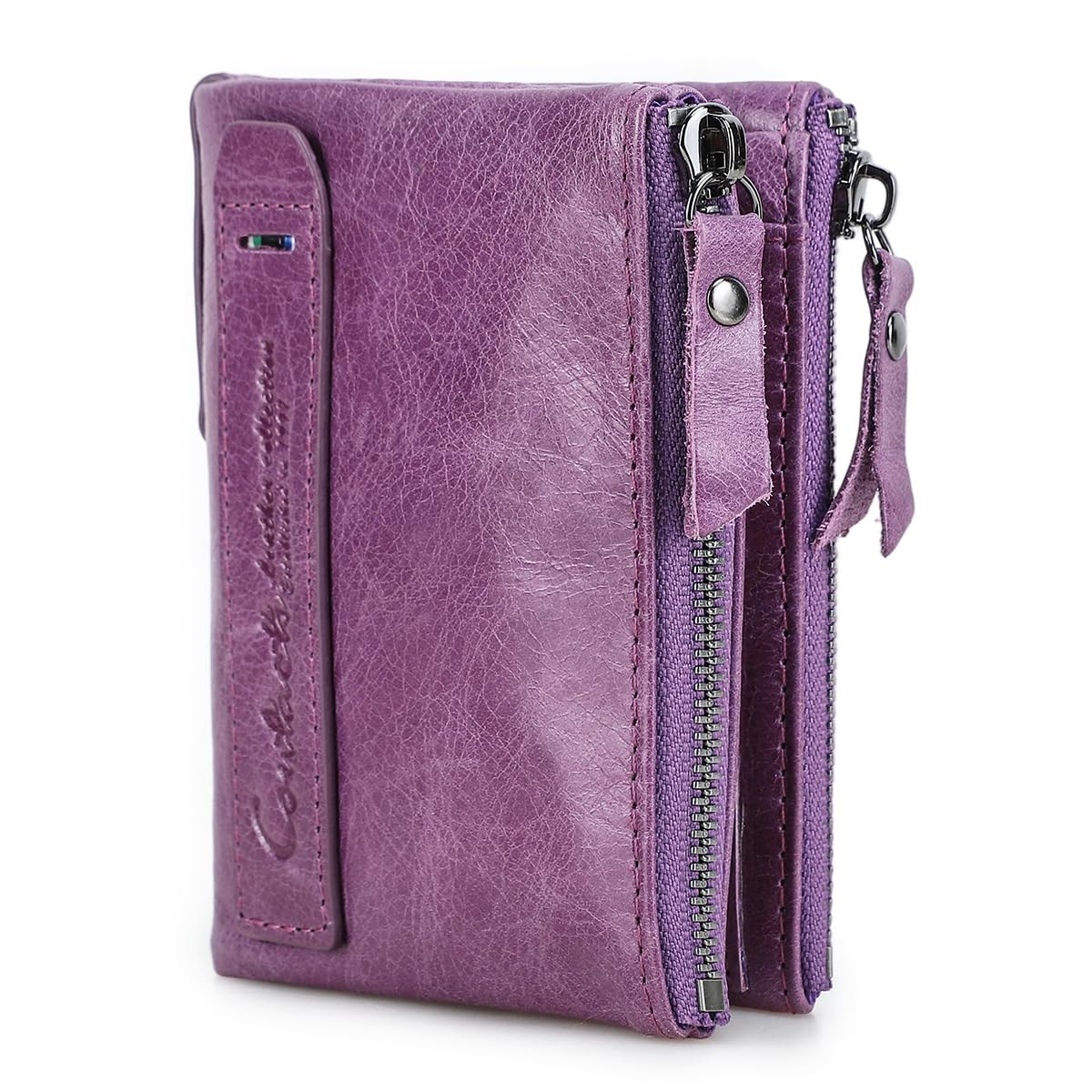 HOTCONTACTS Soft Leather Wallet for Women Small Bifold Coin Purse Double Zipper Card Holder with RFID Blocking (Rose Tan)