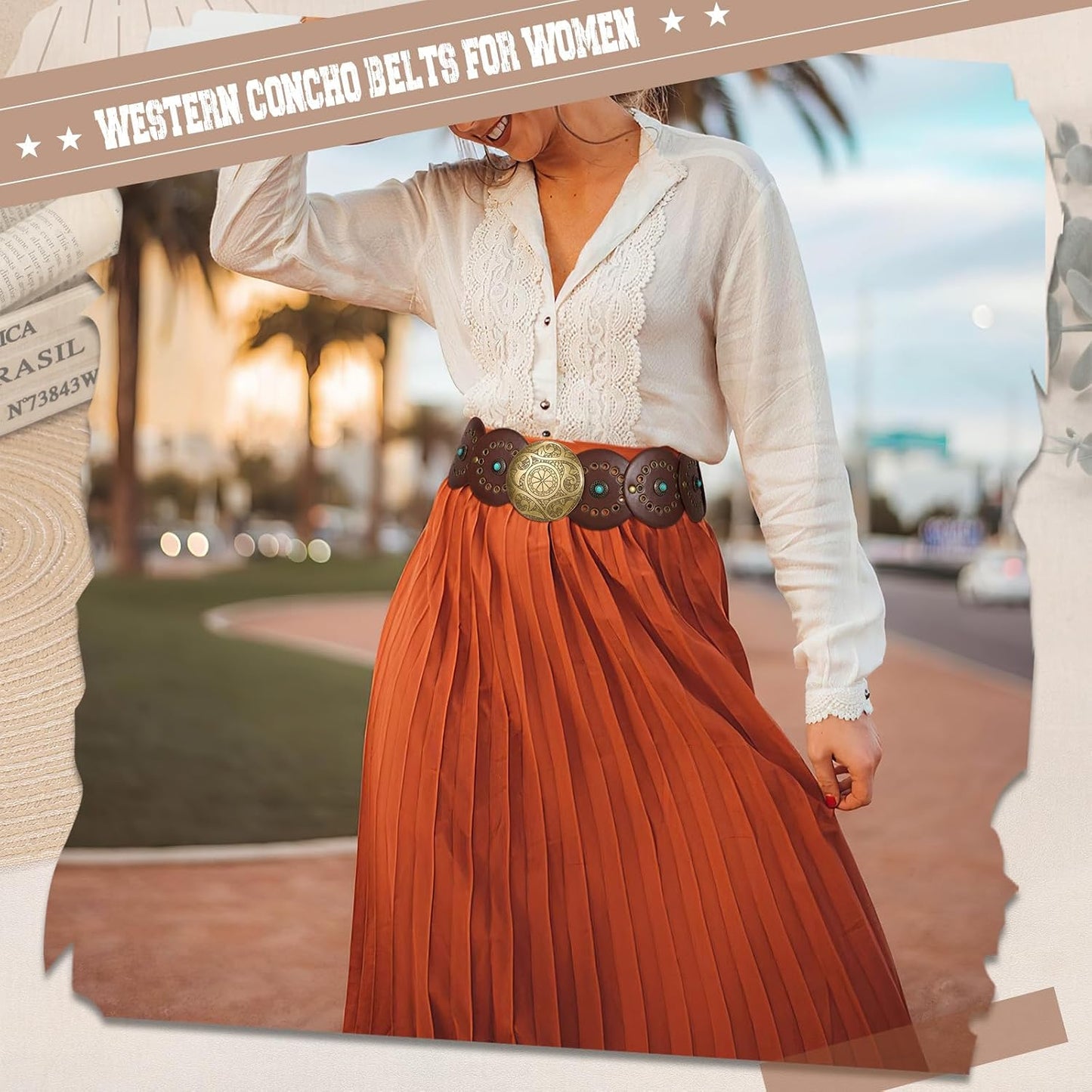 HOTXZQTIVE Western PU Leather Belts for Woman Concho Cowgirl Cowboy Disc Belt for Ladies Wide Boho Country Waist Belts for Dress