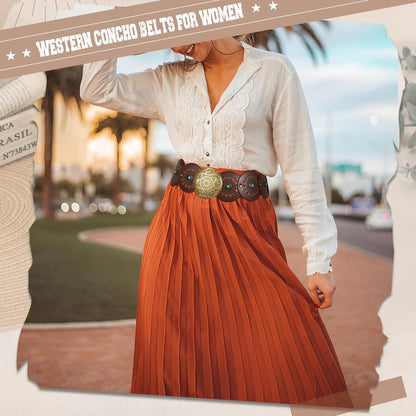 HOTXZQTIVE Western PU Leather Belts for Woman Concho Cowgirl Cowboy Disc Belt for Ladies Wide Boho Country Waist Belts for Dress