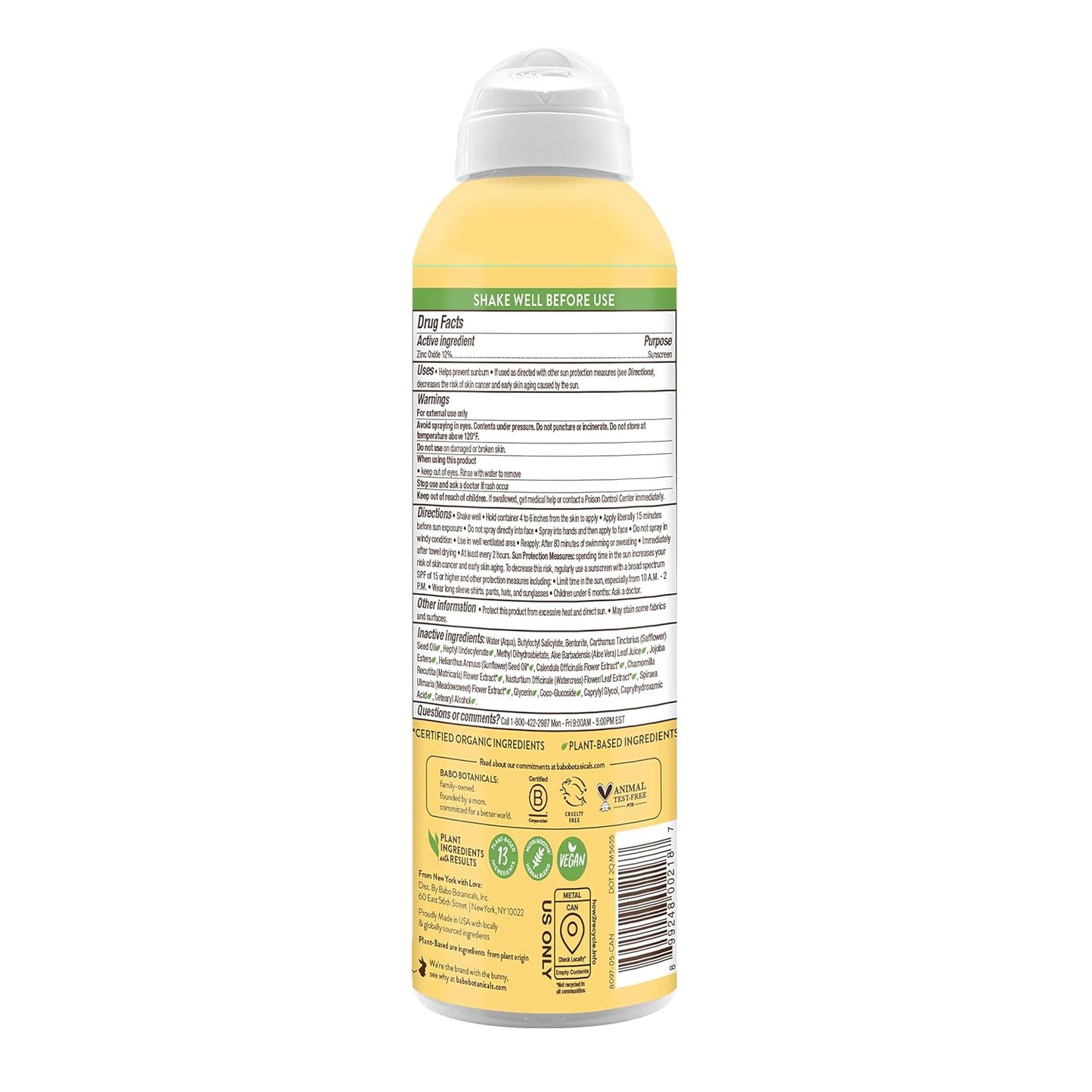HOTBabo Botanicals Sheer Zinc Continuous Sunscreen Spray SPF30 - Natural Zinc Oxide - Extra Sensitive Skin - Water Resistant - Vegan - Fragrance-Free - Air-Powered Spray - For all ages