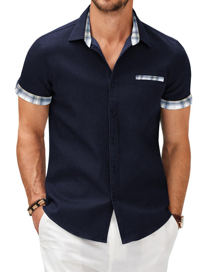 HOTCOOFANDY Men's Cotton Casual Short Sleeve Button Down Shirt Plaid Collar Denim Work Shirts