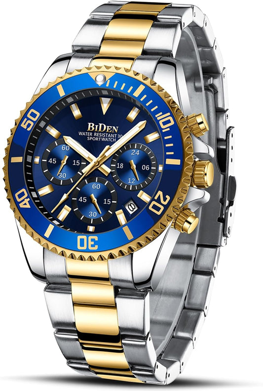 HOTBIDEN Mens Watches Chronograph Gold Blue Stainless Steel Waterproof Date Analog Quartz Watch Business Casual Fashion Wrist Watches for Men