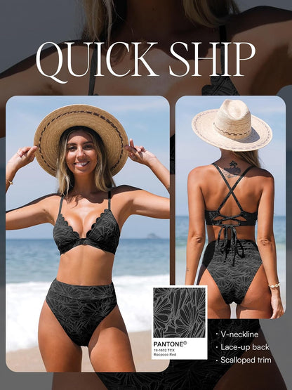 HOTCUPSHE Bikini Set for Women High Waisted Scalloped Two Piece Swimsuit | V Neck,Textured,Crisscross,Back Self Tie,Spaghetti Straps,Soft Removable Cups,Modest Bathing Suit For Vacation And Beach