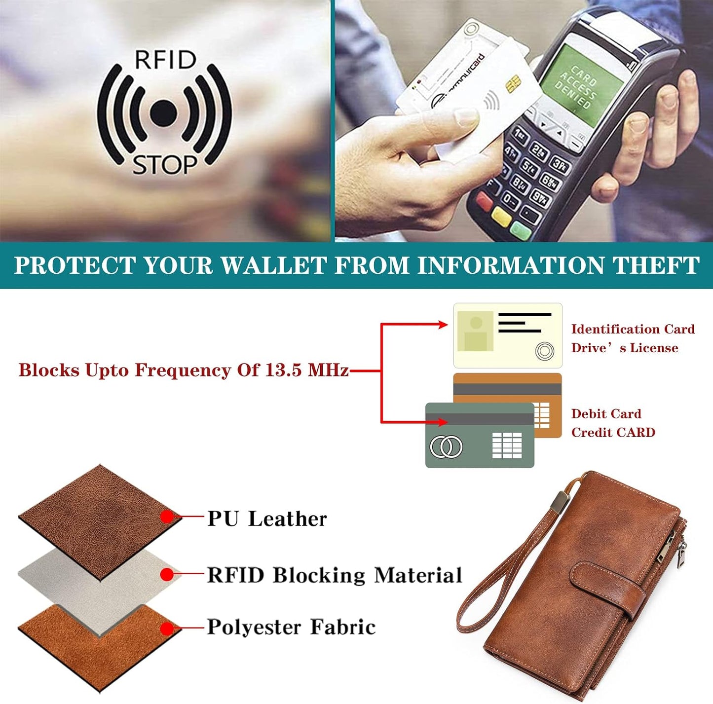 HOTGOIACII Large Wallet for Women Leather Wristlet Brown | RFID Blocking, Multi-card Slots, Detachable Wrist Strap, Trifold Clutch Purse