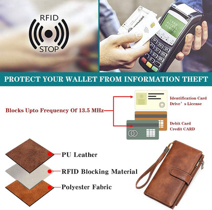 HOTGOIACII Large Wallet for Women Leather Wristlet Brown | RFID Blocking, Multi-card Slots, Detachable Wrist Strap, Trifold Clutch Purse