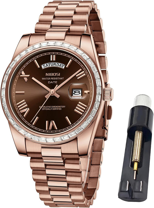 HOTNIBOSI Men's Watches Analog Quartz Diamond Bezel Stainless Steel Dial Rose Gold Silver Watches for Men Waterproof Business Classic Dress Wrist Watch with Day Date