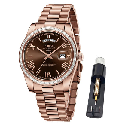 HOTNIBOSI Men's Watches Analog Quartz Diamond Bezel Stainless Steel Dial Rose Gold Silver Watches for Men Waterproof Business Classic Dress Wrist Watch with Day Date