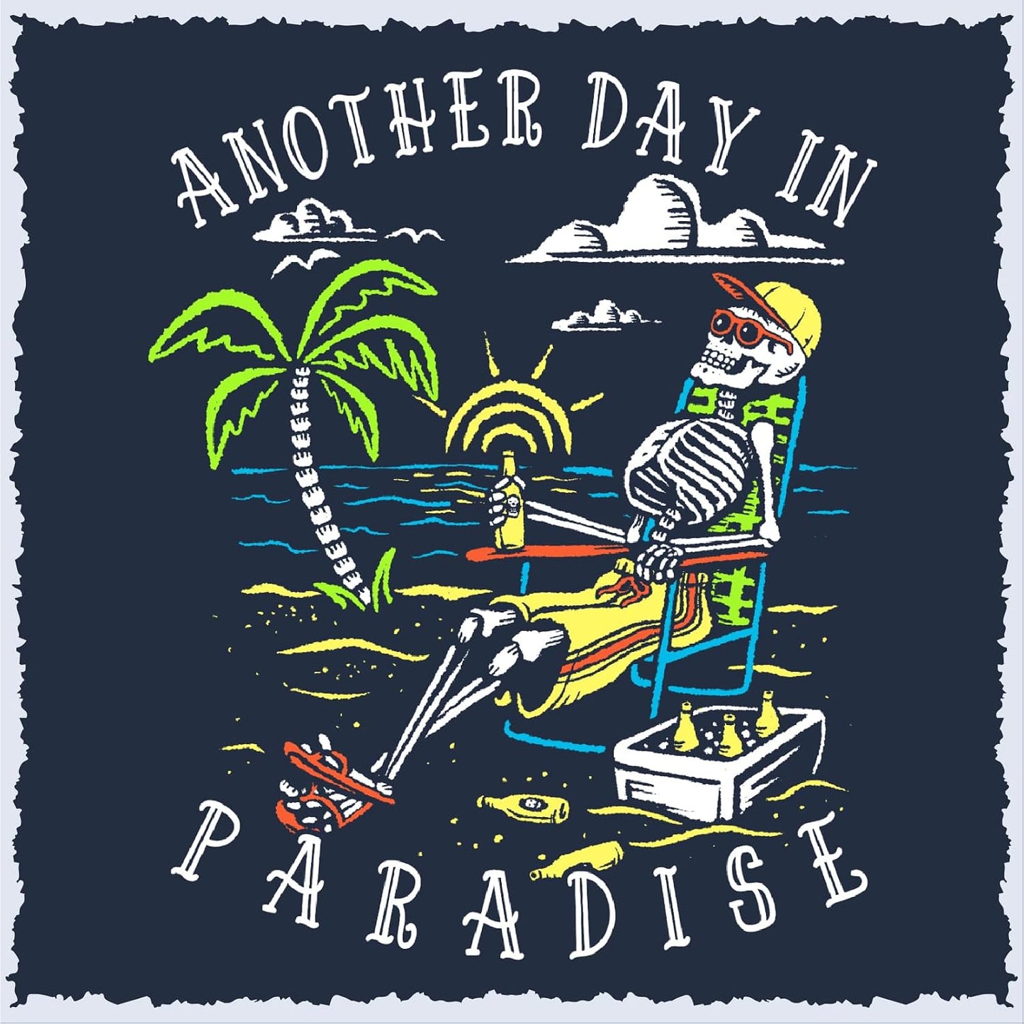 HOTSalty Bones Another Day in Paradise Tropical Beach Graphic T-Shirt, 100% Ringspun Cotton, Classic Fit,Printed in USA