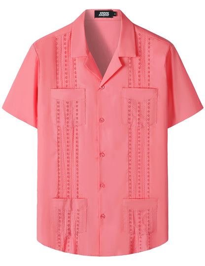 HOTJOGAL Mens Guayabera Shirts Cuban Short Sleeve Casual Button Down Beach Shirt