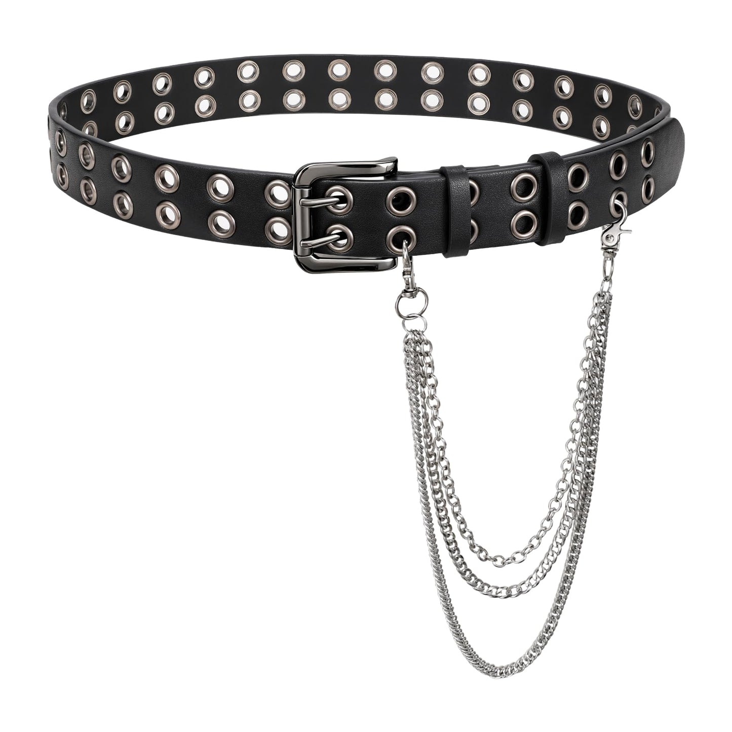 HOTBELTROAD Double Grommet Studded Belt with Detachable Chain Goth Belt for Men Women Punk Rock Metal for Jeans Pants