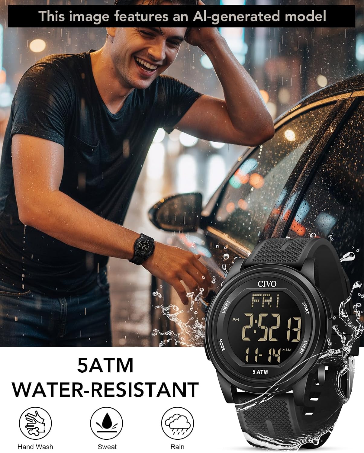 HOTCIVO Digital Watches for Women Men: Waterproof Large Dial Sports Watch 44mm | Ultra-Thin Soft Silicone Wrist Watch with Stopwatch and Alarm for Outdoor Enthusiasts - Running & Camping