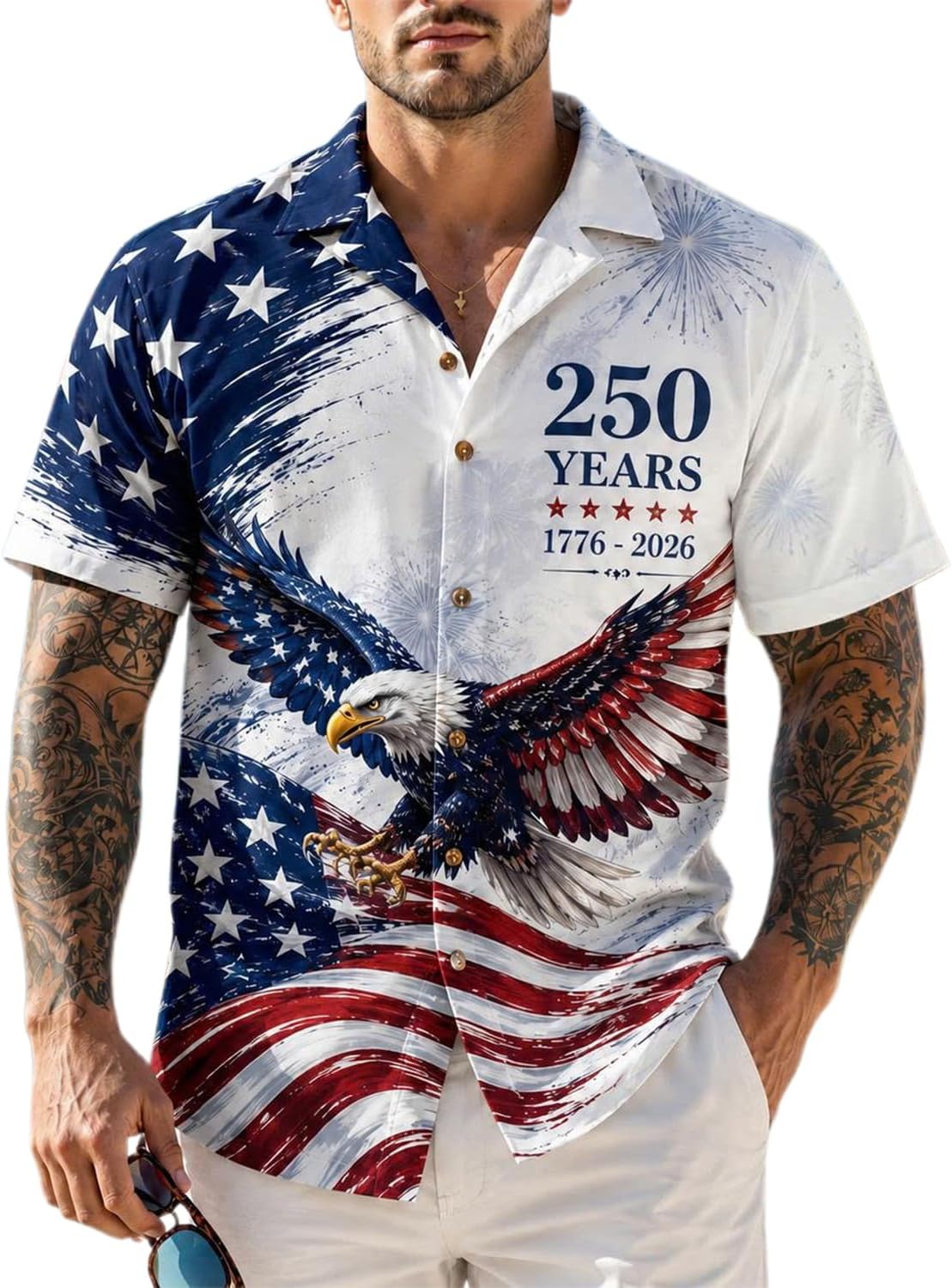 HOTAmerica 250TH Anniversary Hawaiian Shirt 1776-2026, Patriotic Eagle Flag Button Down Shirts Men, Gifts for Independence Day