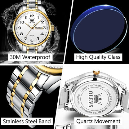 HOTOLEVS Men's Casual Stainless Steel Watch, Big Face Easy to Read Analog Quartz Watch with Day and Date, Classic Waterproof Diamond Roman Arabic Numeral Dial Dress Watch for Men, Gold Silver Black Band