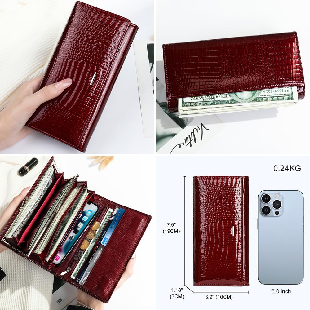 HOTWomen's Long Leather Wallet, Black Burgundy Multi-Color | Credit Card Purse, Trifold, Genuine Leather, Clutch