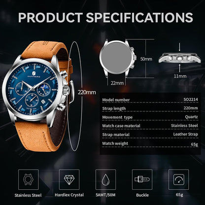 HOTSAPPHERO Chronograph Watches for Men, Original Business Casual Stainless Steel Analog Watch 50M Waterproof Luminous Watches with Date Dial, Mens Gift