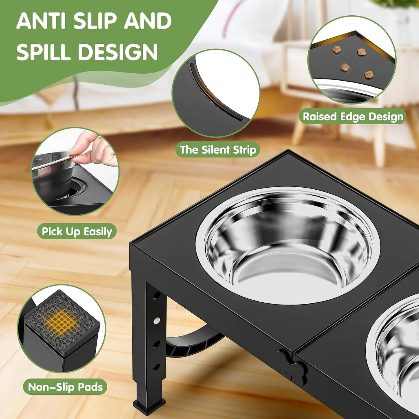 HOTXIAZ Elevated Dog Bowls Large Breed Raised Dogs Bowl Stand Large/Medium Sized Dog Stainless Steel Food Water Bowl Stands 5 Heights Adjustable 9/11/12/14in Black Pet Feeder Dish Station