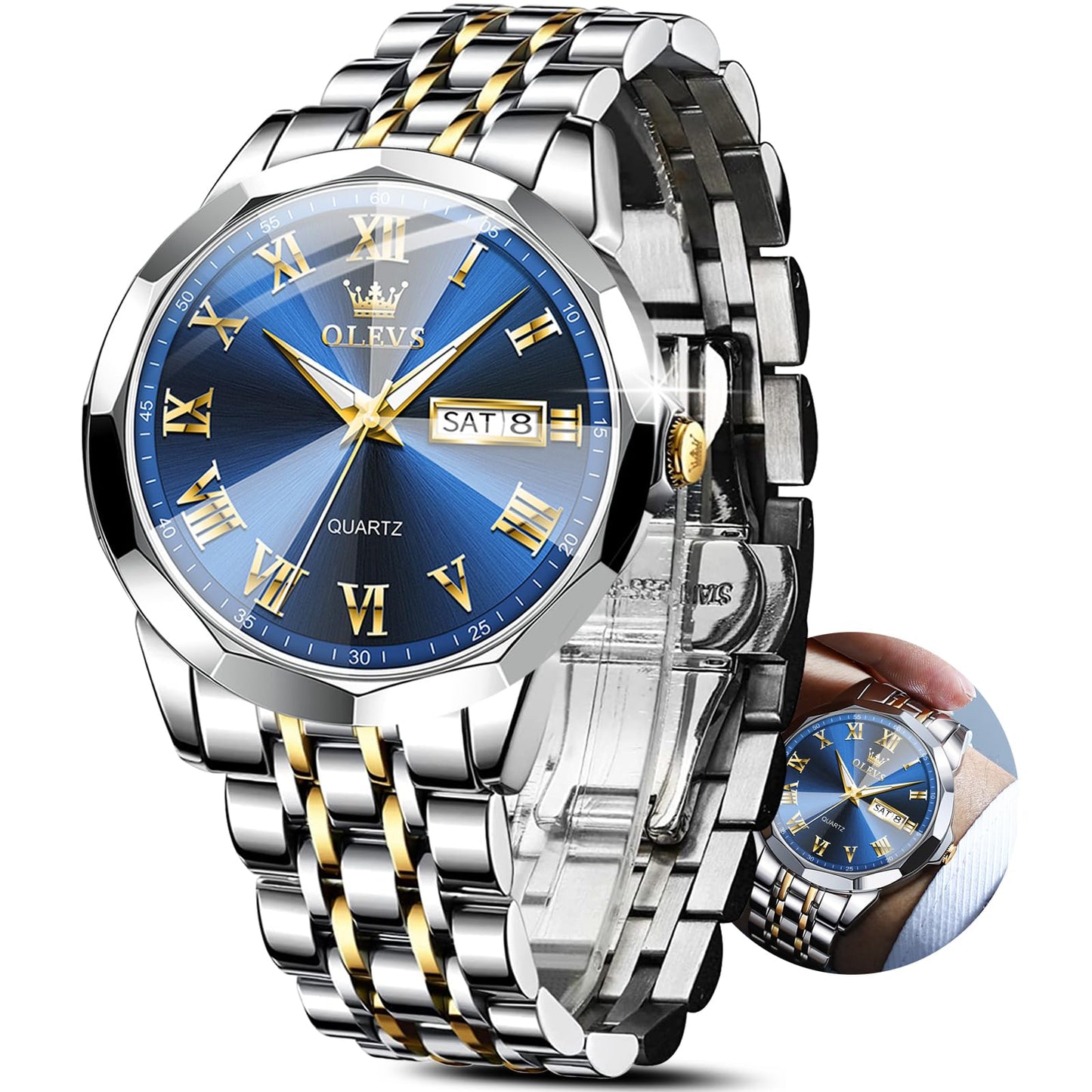 HOTOLEVS Classic Men Watches with Date,Stainless Steel Man Watch with Date, Bussiness Watches for Men,Luminous Quartz Mens Watches Black/White/Blue/Gold, Waterproof Male Watch with Week