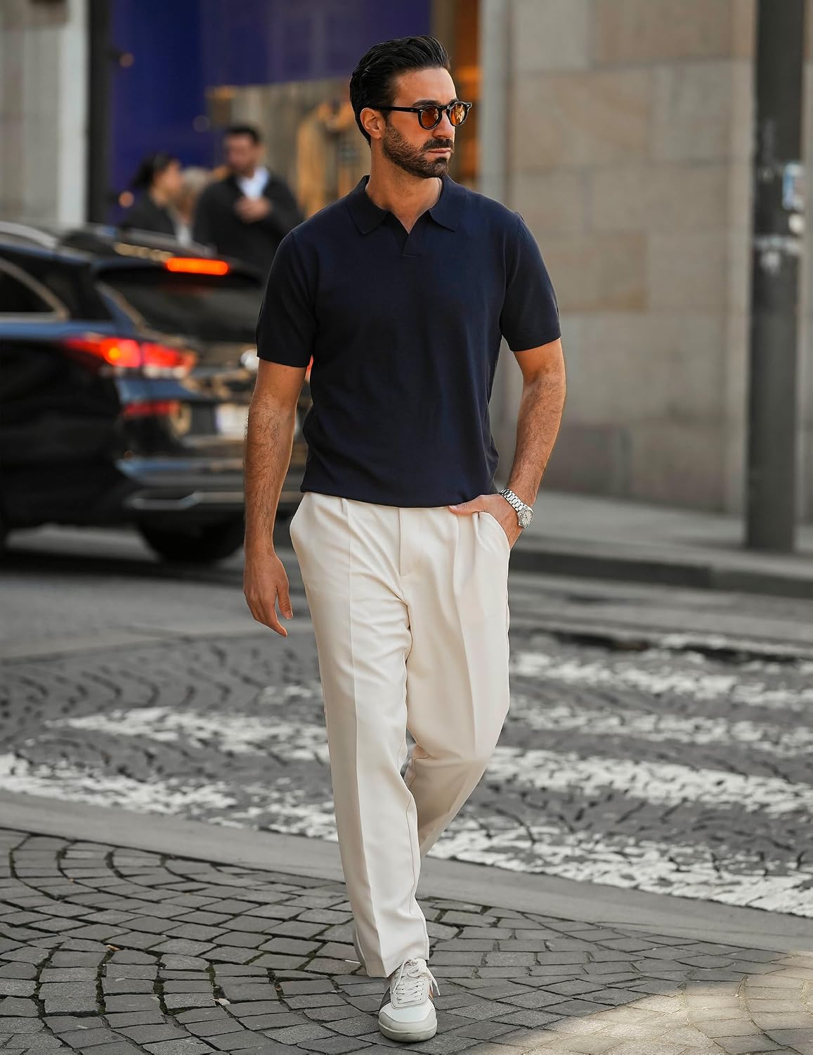 HOTCOOFANDY Men's V Neck Short Sleeve Stretch Knit Polo Shirt