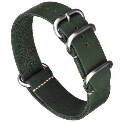 HOTBenchmark Leather Watch Band - Crazy Horse Oiled Leather One-Piece Military Watch Strap - Brushed Stainless-Steel Hardware - 18mm, 20mm, 22mm or 24mm Widths