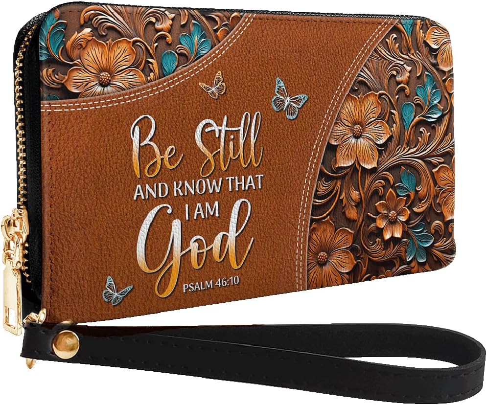 HOTPersonalized Christian Bible Verse Leather Wallet, God Faith RFID Blocking Credit Card Holder Clutch Purse Wristlet, Religious Inspirational Gift for Women Girl (Stillness - Psalm)