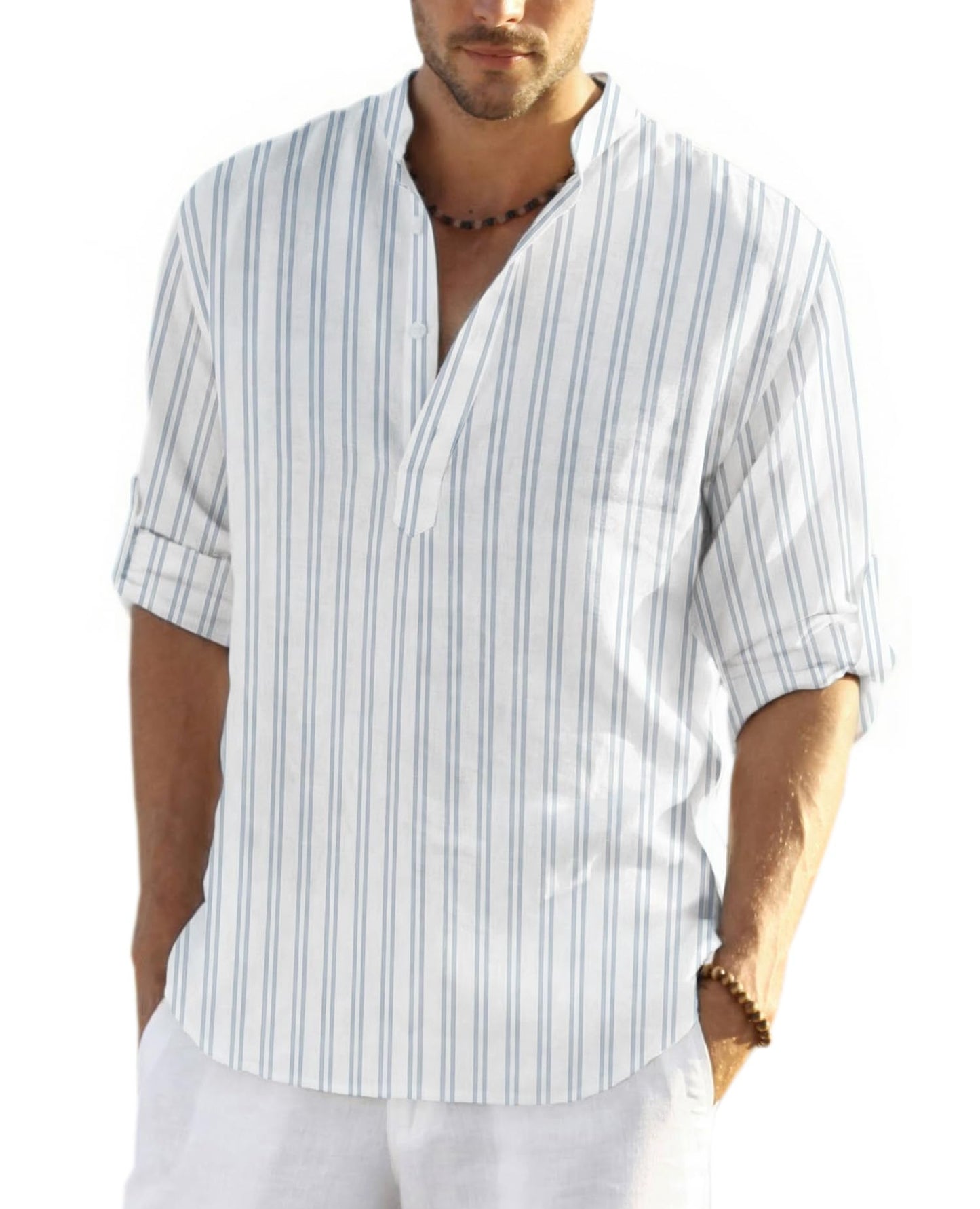 HOTCOOFANDY Men's Cotton Linen Henley T-Shirt Long Sleeve Hippie Casual Beach T-Shirts