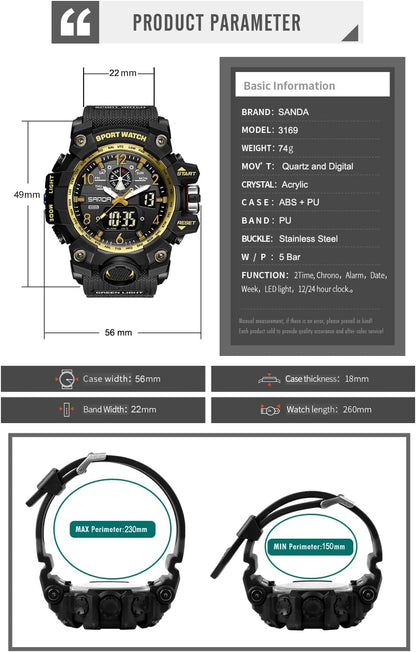 HOTKXAITO Men's Watches Sports Outdoor Waterproof Military Wrist Watch Date Multi Function Tactics LED Alarm Stopwatch