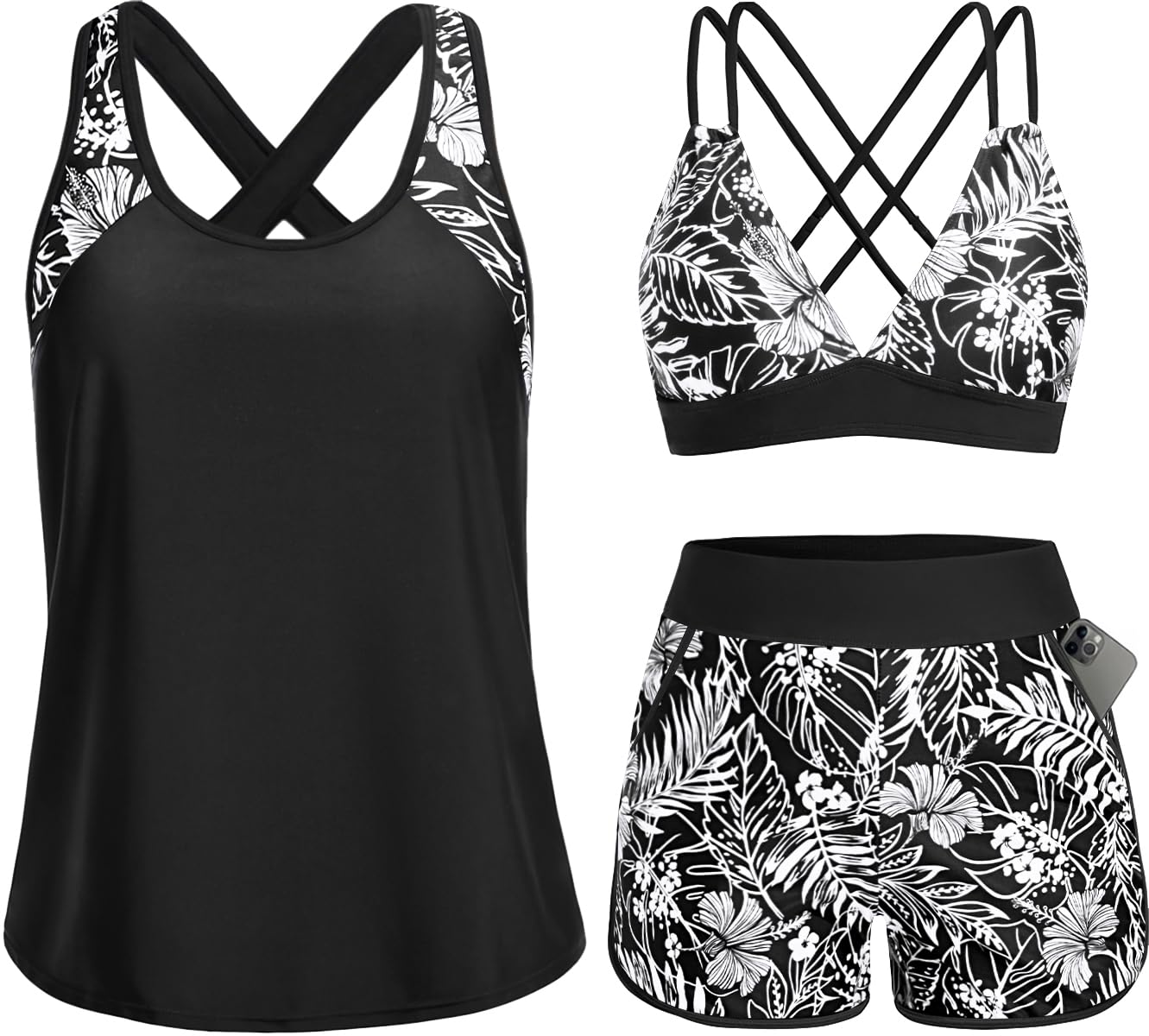 HOTWomen's 3 Piece Tankini Swimsuit Tummy Control with Bra Pocket Boy Shorts | Modest Bathing Suit, Athletic Style, Strappy-Back Support, High-Waist Fit, Built-In Brief, Side Pockets, Beach Swim Days