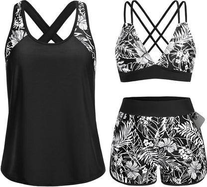 HOTWomen's 3 Piece Tankini Swimsuit Tummy Control with Bra Pocket Boy Shorts | Modest Bathing Suit, Athletic Style, Strappy-Back Support, High-Waist Fit, Built-In Brief, Side Pockets, Beach Swim Days