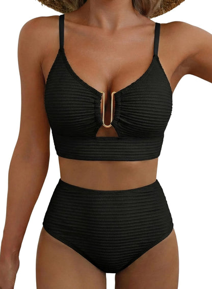 HOTHerseas 2 Piece Bikini Set U-Wire Cutout Popular Swimsuit High Waisted Textured 2026 Summer Beach Swim Bathing Suits