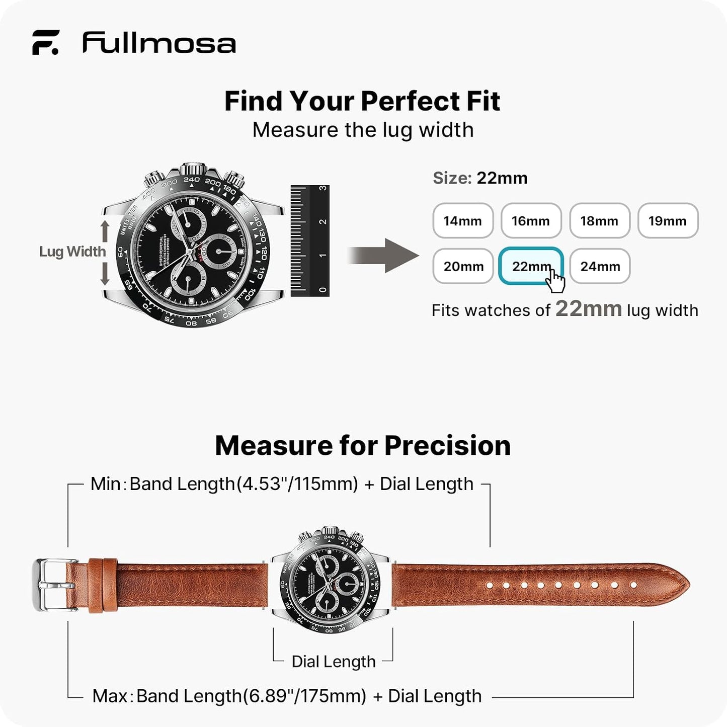 HOTFullmosa Watch Band, Quick Release Leather Watch Strap Compatible with Samsung Galaxy Garmin for Men Women, Replacement Bands Width 12mm 14mm 16mm 18mm 19mm 20mm 21mm 22mm 24mm | Quick Release Replacement Bands with Stainless Steel Metal Clasp, Genuine
