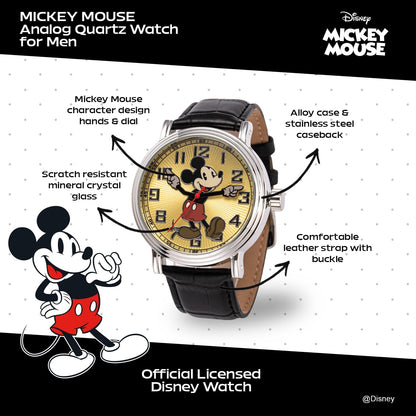 HOTFull Color Mickey Mouse Head Silhouette Watch for Men \u2013 Iconic Mickey Mouse Watches for Men \u2013 Stylish Watch \u2013 Classic Watches with Silver Dial &amp; Black Leather Bracelet