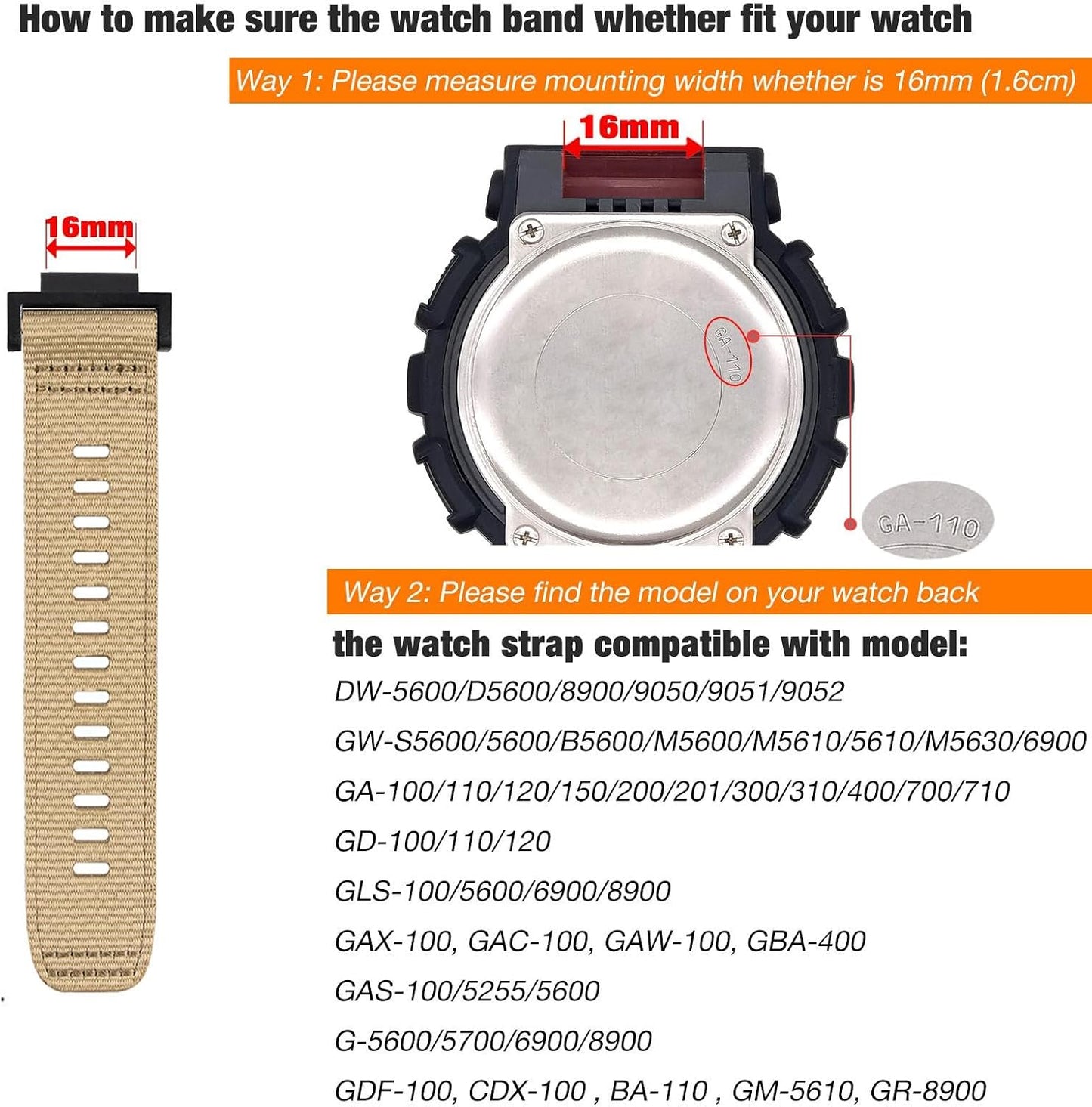 HOTAbanen Rugged Nylon Watch Band for Casio gshock DW-5600/8900, Adjustable Sports Wrist Strap for GA-100/GW-B5600/GB-5600 /GW-6900